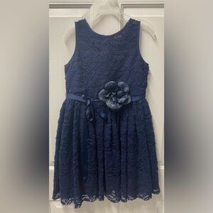 Girl’s Fancy Navy blue Lace Dress Tie waist flower on waist. Sleeveless